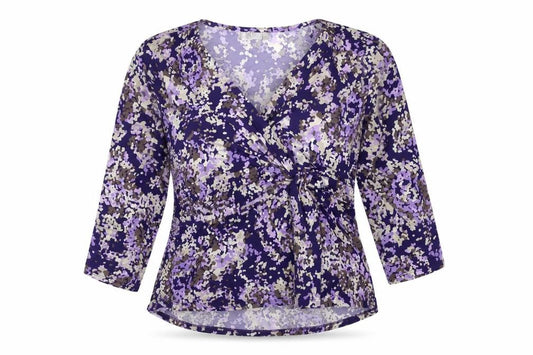 Front view of Country Casuals women’s purple geometric polyester basic blouse, size XL, v-neck