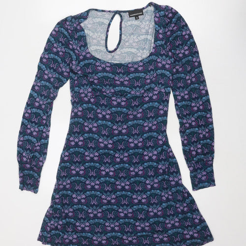 Warehouse Womens Blue Floral Viscose A-Line Size 12 Scoop Neck Pullover