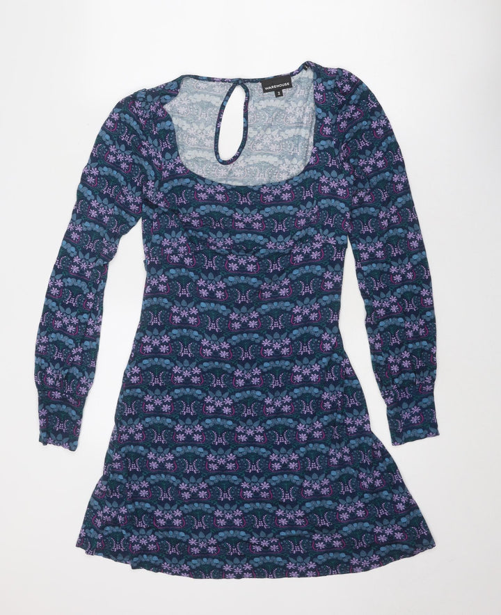Warehouse Womens Blue Floral Viscose A-Line Size 12 Scoop Neck Pullover