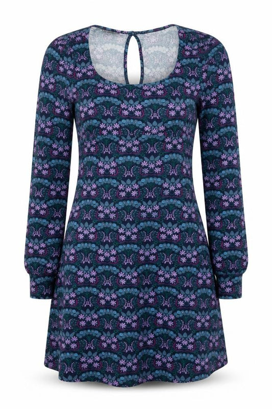Front view of Warehouse women’s blue floral viscose a-line, size UK 12, scoop neck pullover