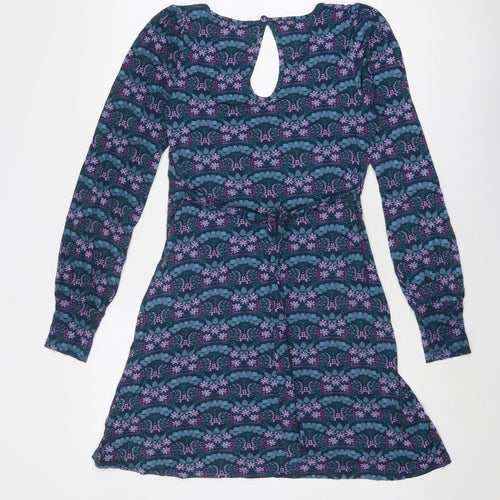 Warehouse Womens Blue Floral Viscose A-Line Size 12 Scoop Neck Pullover