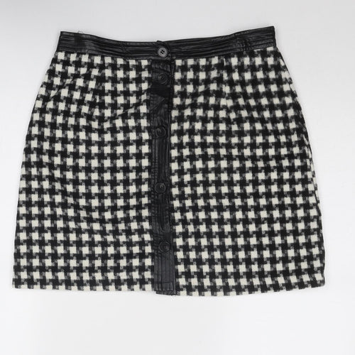 Joy Womens Black Geometric Polyester A-Line Skirt Size 12 Button