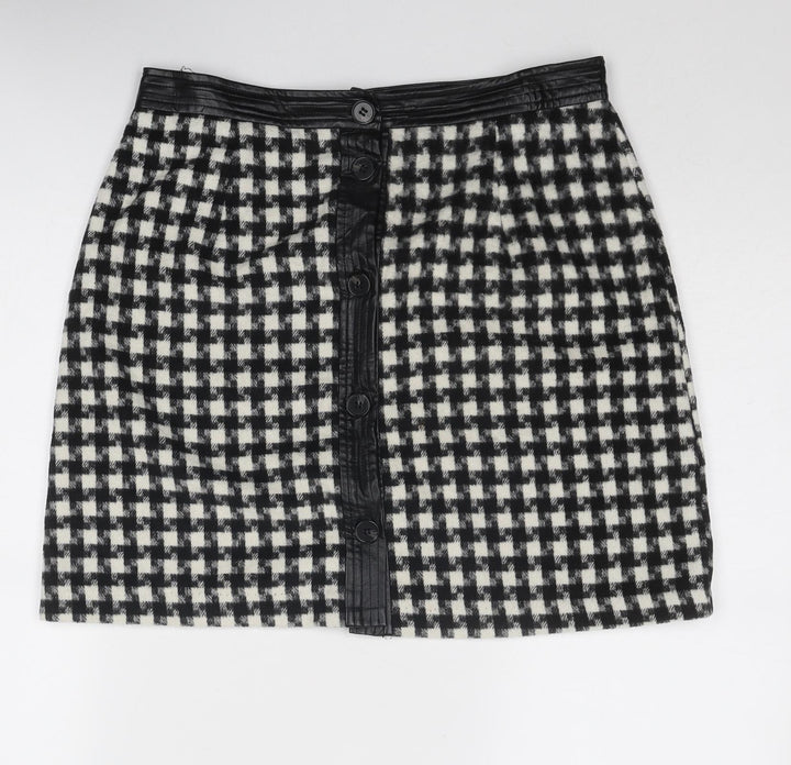 Joy Womens Black Geometric Polyester A-Line Skirt Size 12 Button