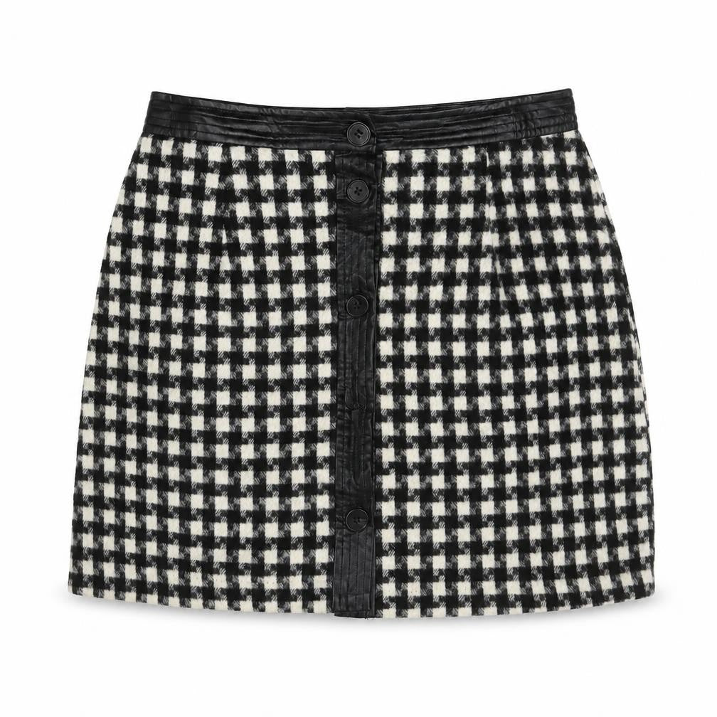 Front view of Joy women’s black geometric polyester a-line skirt, size UK 12, button