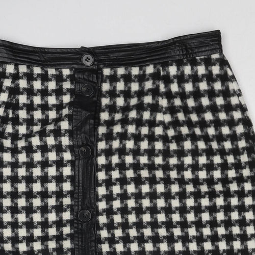 Joy Womens Black Geometric Polyester A-Line Skirt Size 12 Button