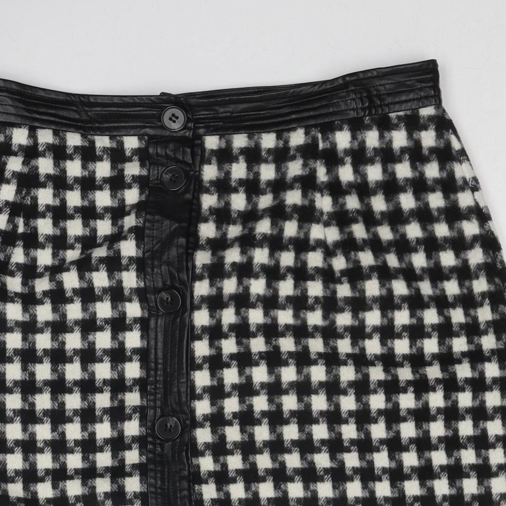 Joy Womens Black Geometric Polyester A-Line Skirt Size 12 Button