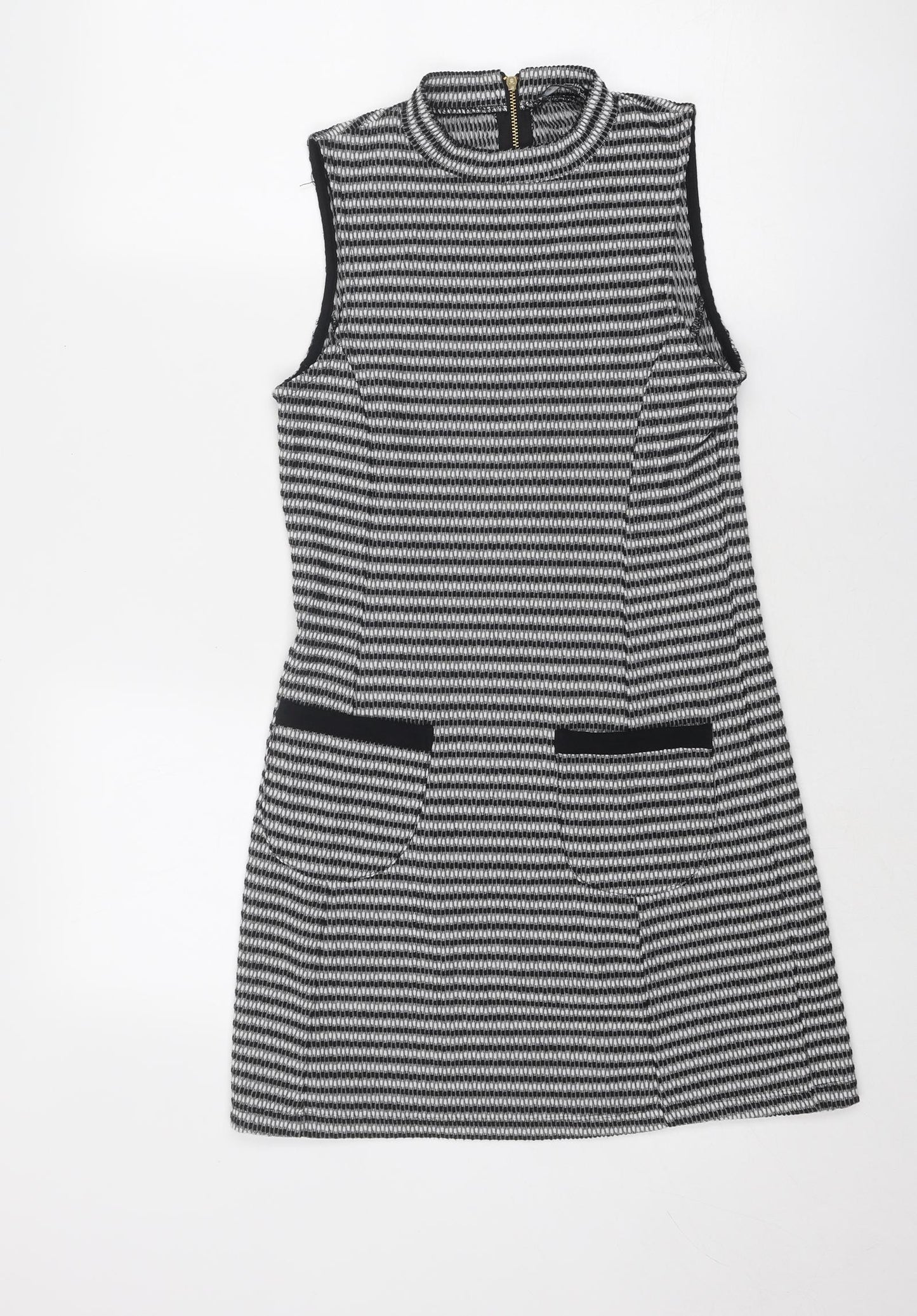 Miss Selfridge Womens Black Striped Polyester A-Line Size 10 Round Neck Zip