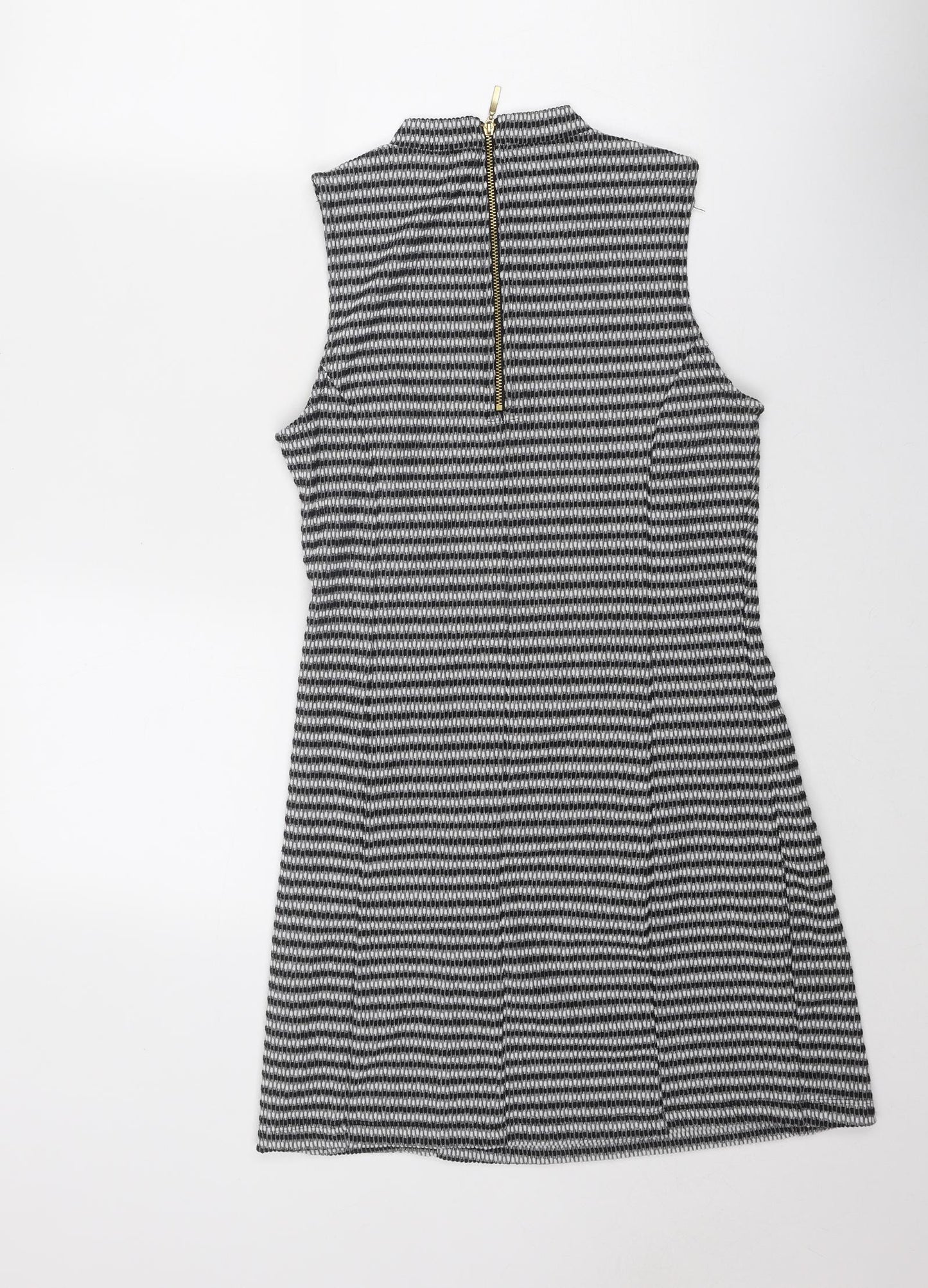 Miss Selfridge Womens Black Striped Polyester A-Line Size 10 Round Neck Zip