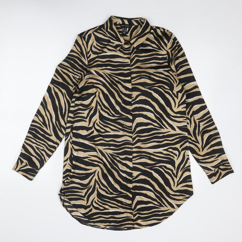 New Look Womens Brown Animal Print Polyester Shirt Dress Size 10 Collared Button - Tiger Pattern