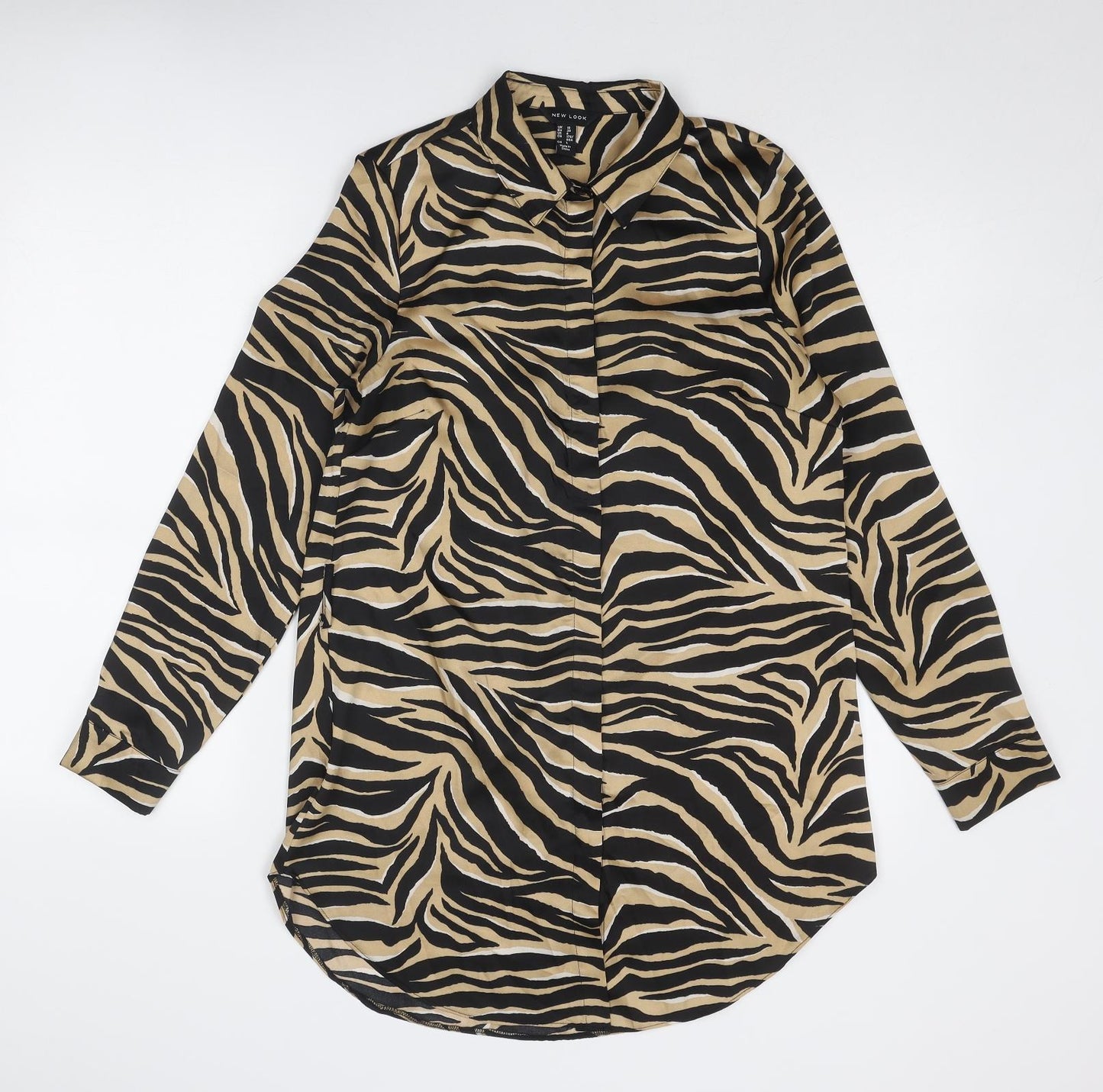 New Look Womens Brown Animal Print Polyester Shirt Dress Size 10 Collared Button - Tiger Pattern