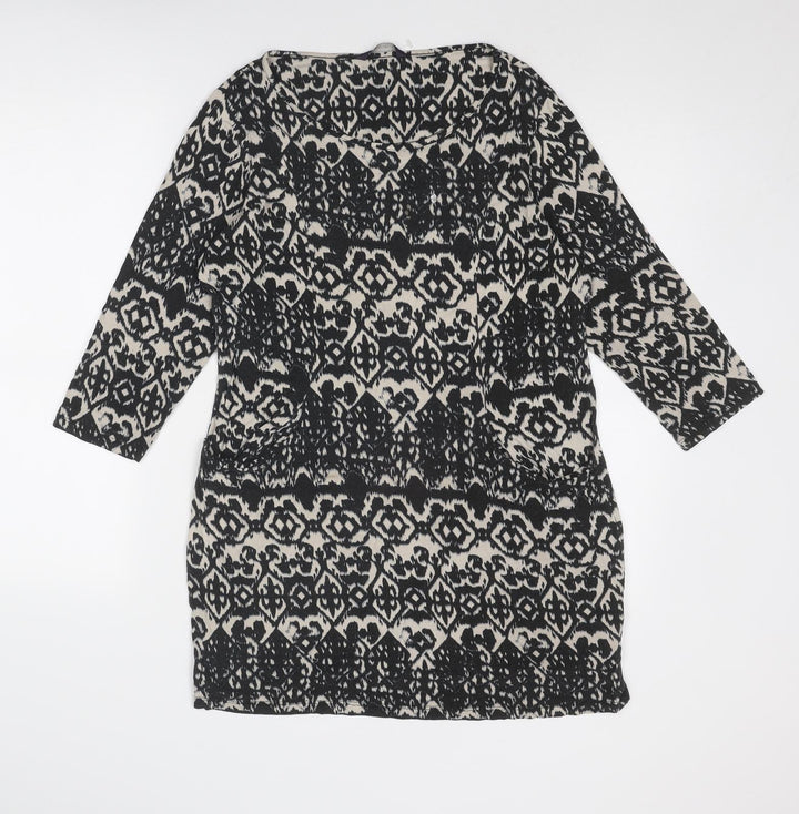 Marks and Spencer Womens Black Geometric Viscose Tunic Blouse Size 12 Boat Neck