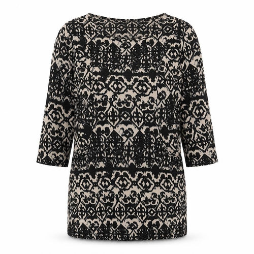 Marks and Spencer Womens Black Geometric Viscose Tunic Blouse Size 12 Boat Neck