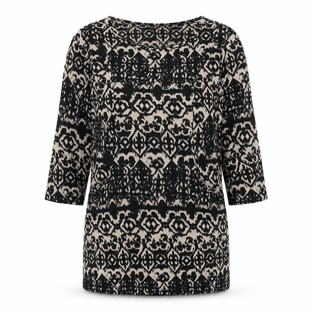 Marks and Spencer Womens Black Geometric Viscose Tunic Blouse Size 12 Boat Neck