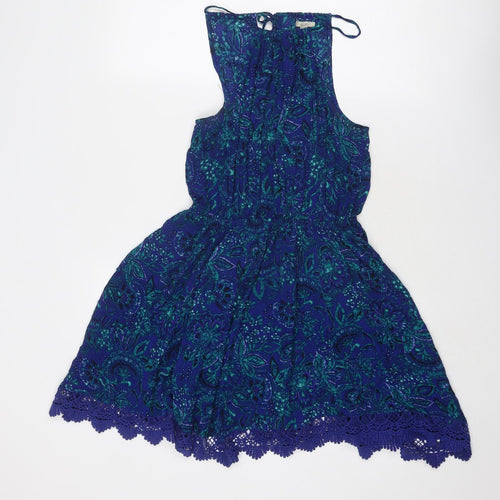 Ecoté Womens Blue Paisley Viscose Fit & Flare Size M Round Neck Tie - Crocheted Lace Trim