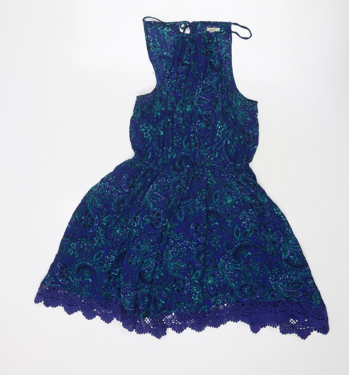 Ecoté Womens Blue Paisley Viscose Fit & Flare Size M Round Neck Tie - Crocheted Lace Trim