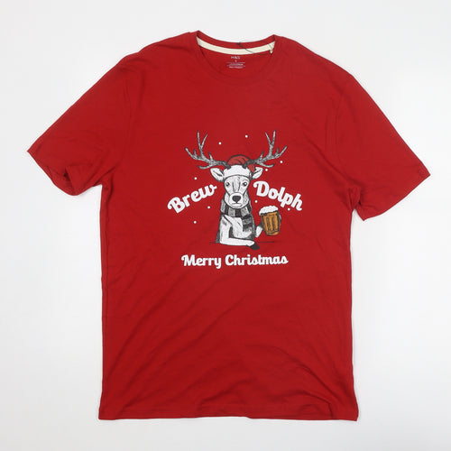 Marks and Spencer Mens Red Cotton T-Shirt Size S Round Neck - Merry Christmas Brew Dolph