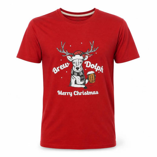 Marks and Spencer Mens Red Cotton T-Shirt Size S Round Neck - Merry Christmas Brew Dolph