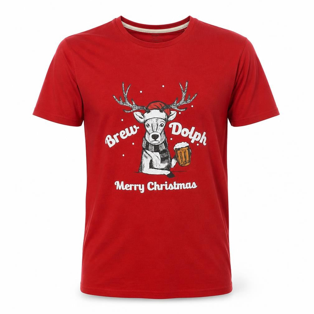 Marks and Spencer Mens Red Cotton T-Shirt Size S Round Neck - Merry Christmas Brew Dolph