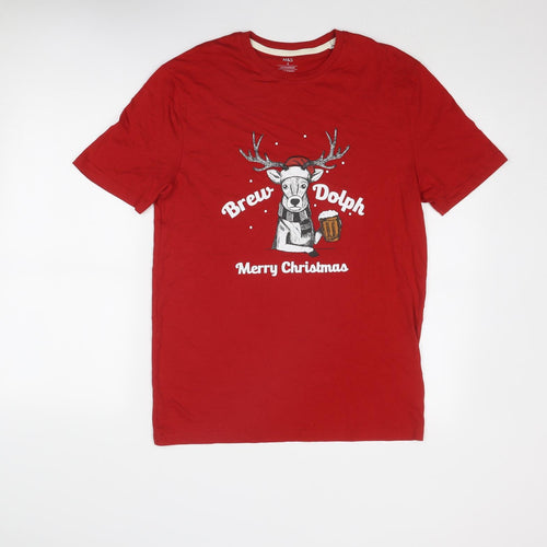 Marks and Spencer Mens Red Cotton T-Shirt Size S Round Neck - Merry Christmas Brew Dolph
