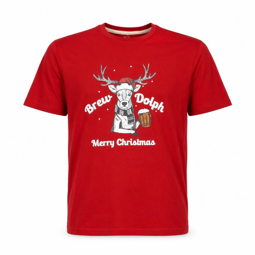 Marks and Spencer Mens Red Cotton T-Shirt Size S Round Neck - Merry Christmas Brew Dolph
