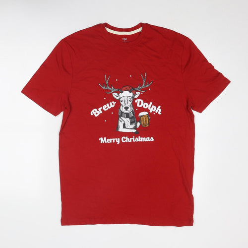 Marks and Spencer Mens Red Cotton T-Shirt Size S Round Neck - Merry Christmas Brew Dolph
