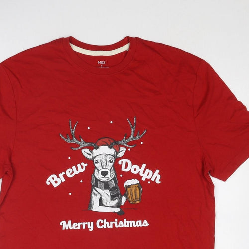 Marks and Spencer Mens Red Cotton T-Shirt Size S Round Neck - Merry Christmas Brew Dolph