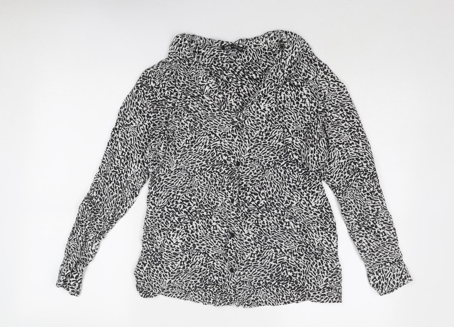 Zara Womens Black Animal Print Viscose Basic Button-Up Size XS Collared - Leopard Print