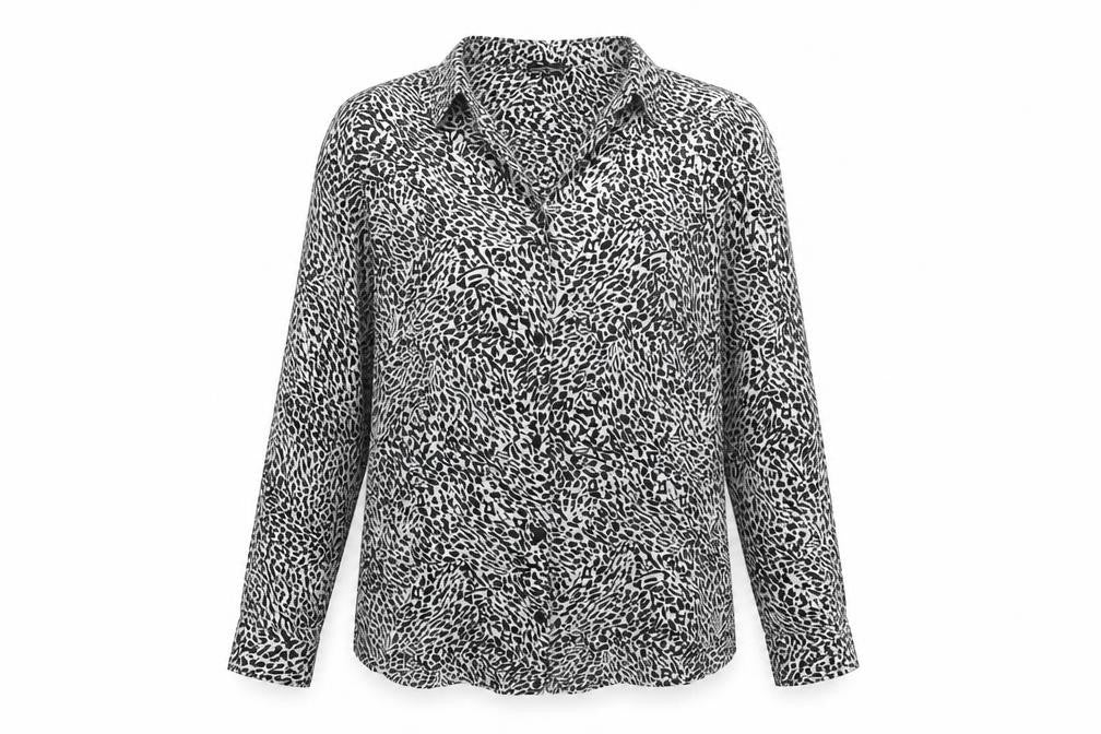 Front view of Zara women’s black animal print viscose basic button-up, size XS, collared - leopard print