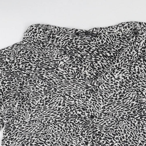 Zara Womens Black Animal Print Viscose Basic Button-Up Size XS Collared - Leopard Print