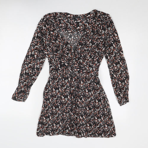 Warehouse Womens Black Geometric Viscose Mini Size 8 V-Neck Zip