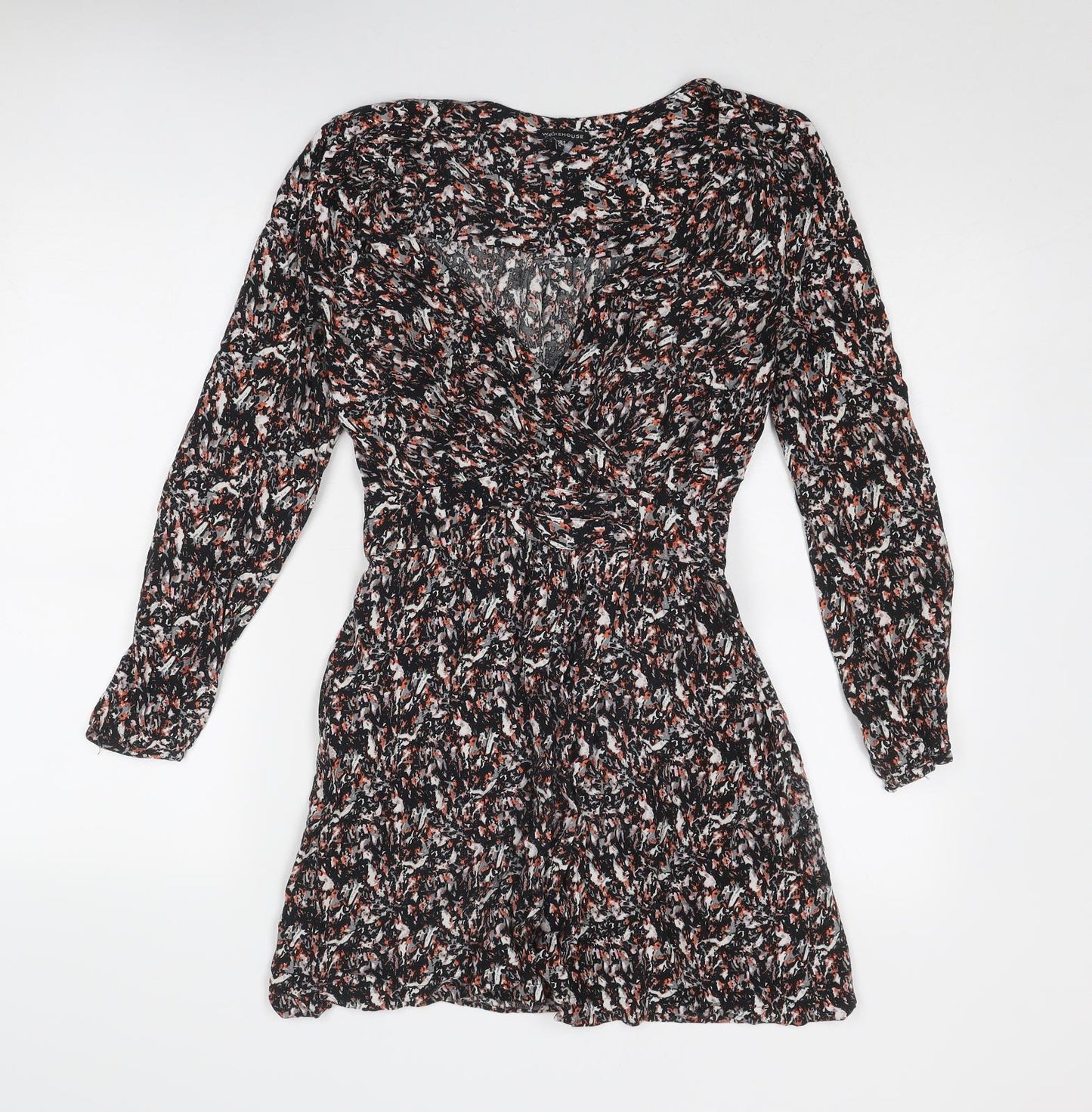 Warehouse Womens Black Geometric Viscose Mini Size 8 V-Neck Zip