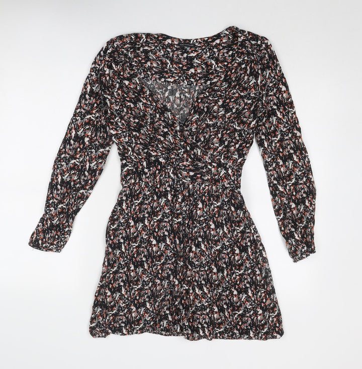 Warehouse Womens Black Geometric Viscose Mini Size 8 V-Neck Zip