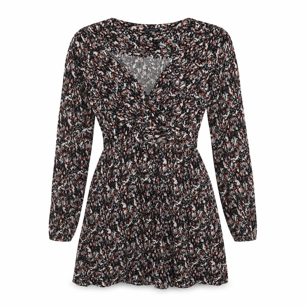 Front view of Warehouse women’s black geometric viscose mini, size UK 8, v-neck zip