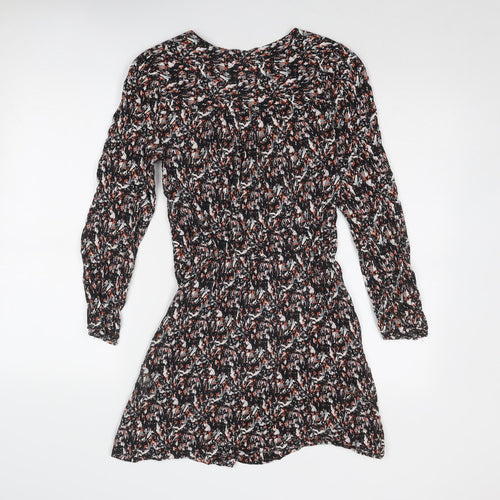 Warehouse Womens Black Geometric Viscose Mini Size 8 V-Neck Zip