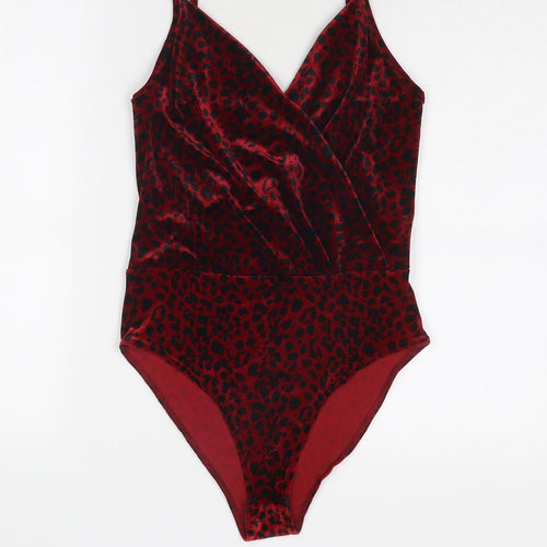 New Look Womens Red Animal Print Polyester Bodysuit One-Piece Size 12 Snap - Leopard Print