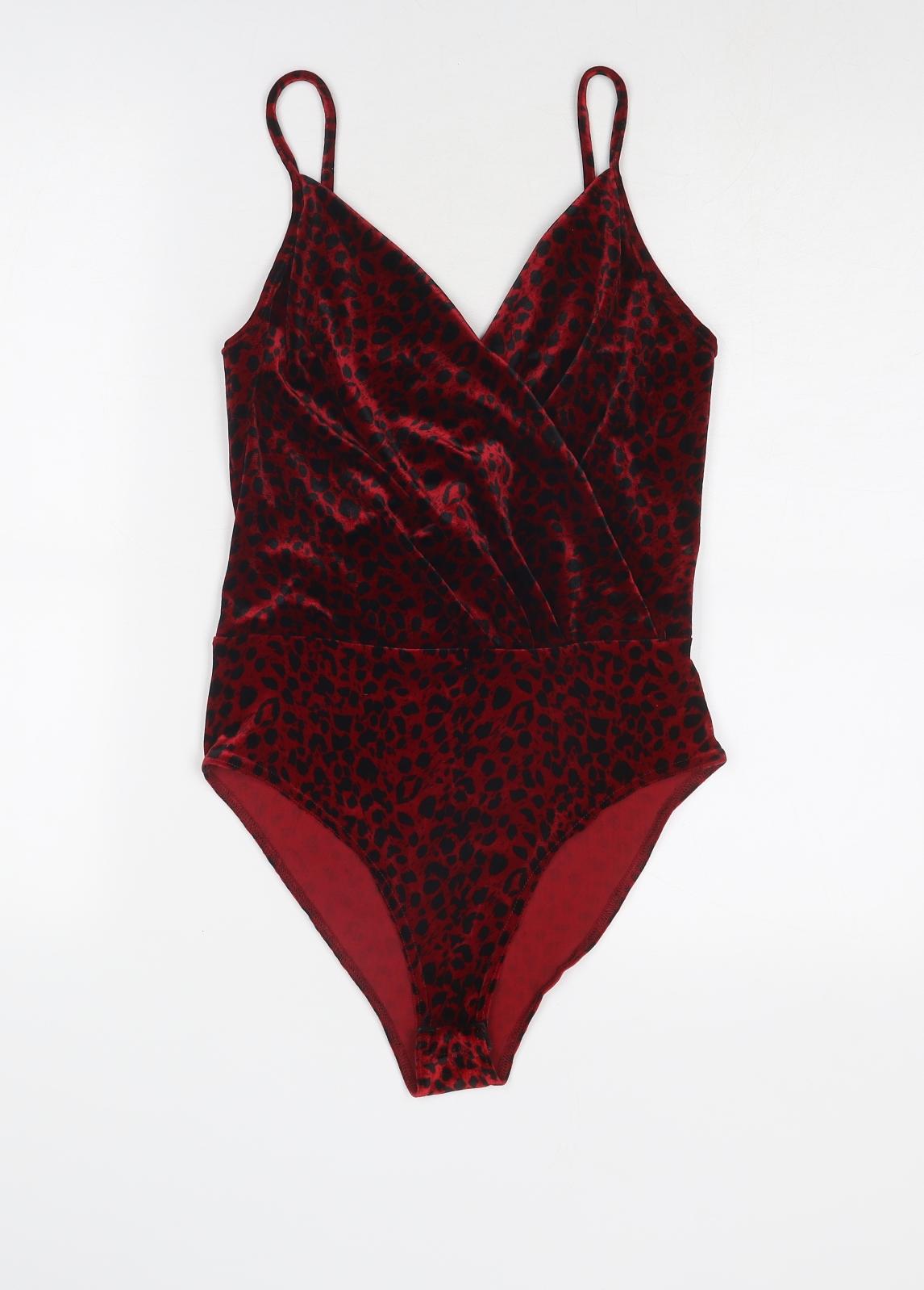 New Look Womens Red Animal Print Polyester Bodysuit One-Piece Size 12 Snap - Leopard Print