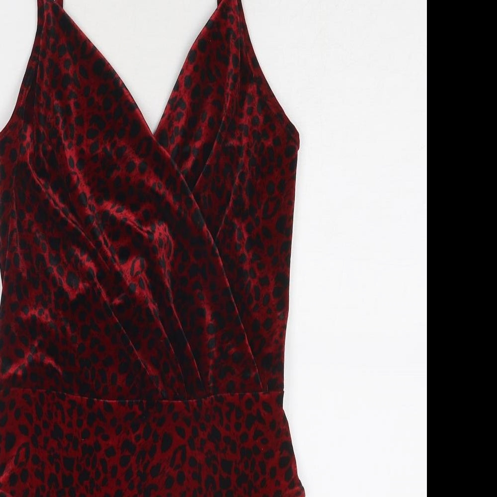 New Look Womens Red Animal Print Polyester Bodysuit One-Piece Size 12 Snap - Leopard Print