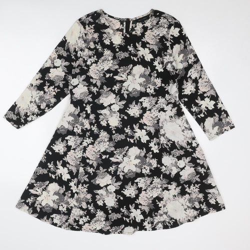 New Look Womens Black Floral Polyester Fit & Flare Size 10 Boat Neck Zip