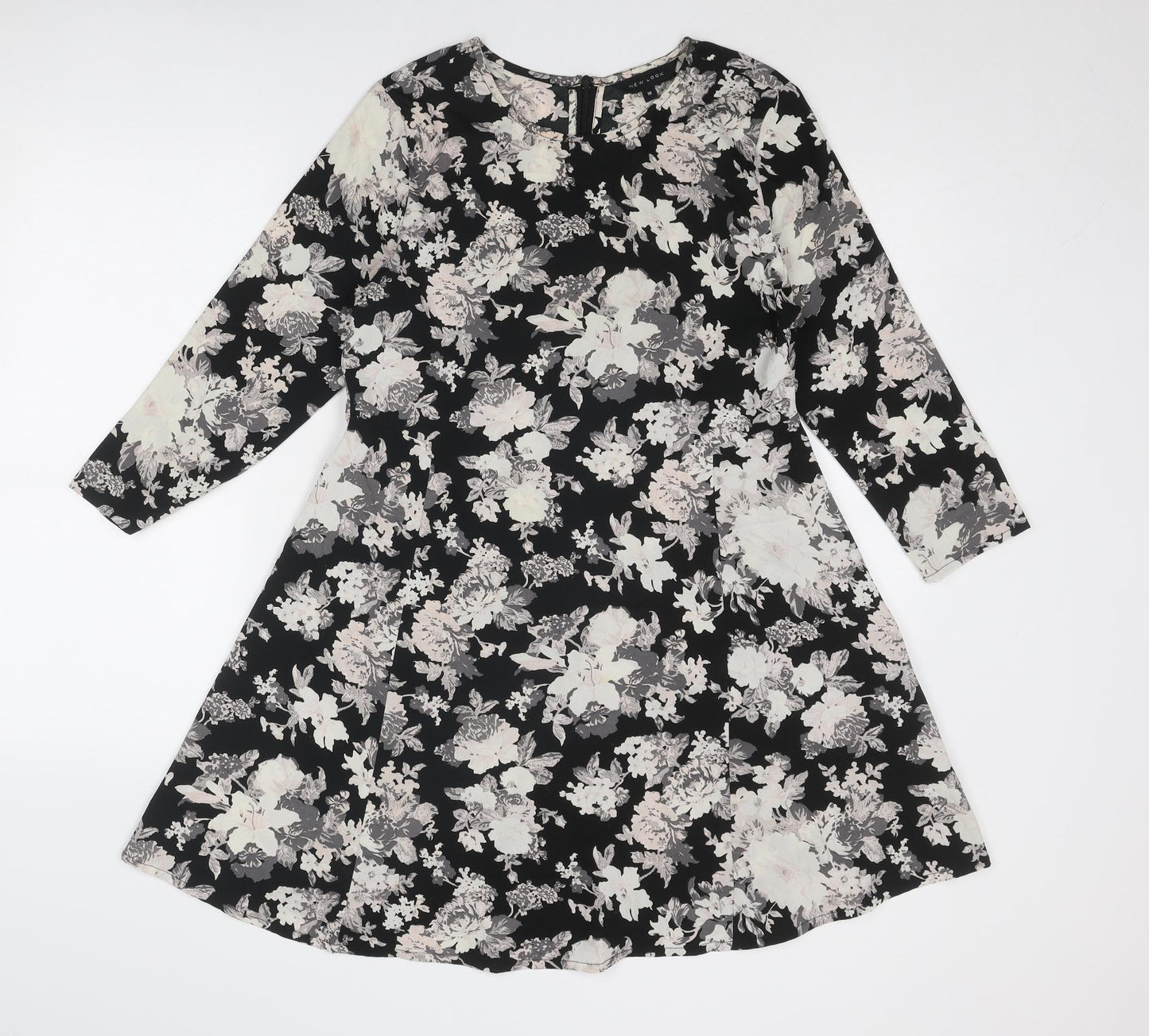 New Look Womens Black Floral Polyester Fit & Flare Size 10 Boat Neck Zip