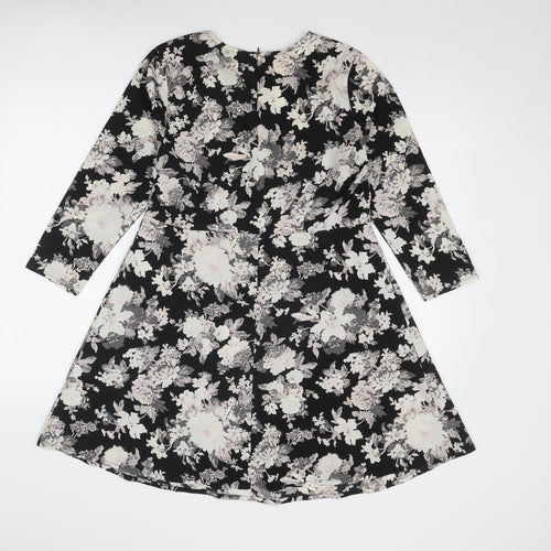 New Look Womens Black Floral Polyester Fit & Flare Size 10 Boat Neck Zip