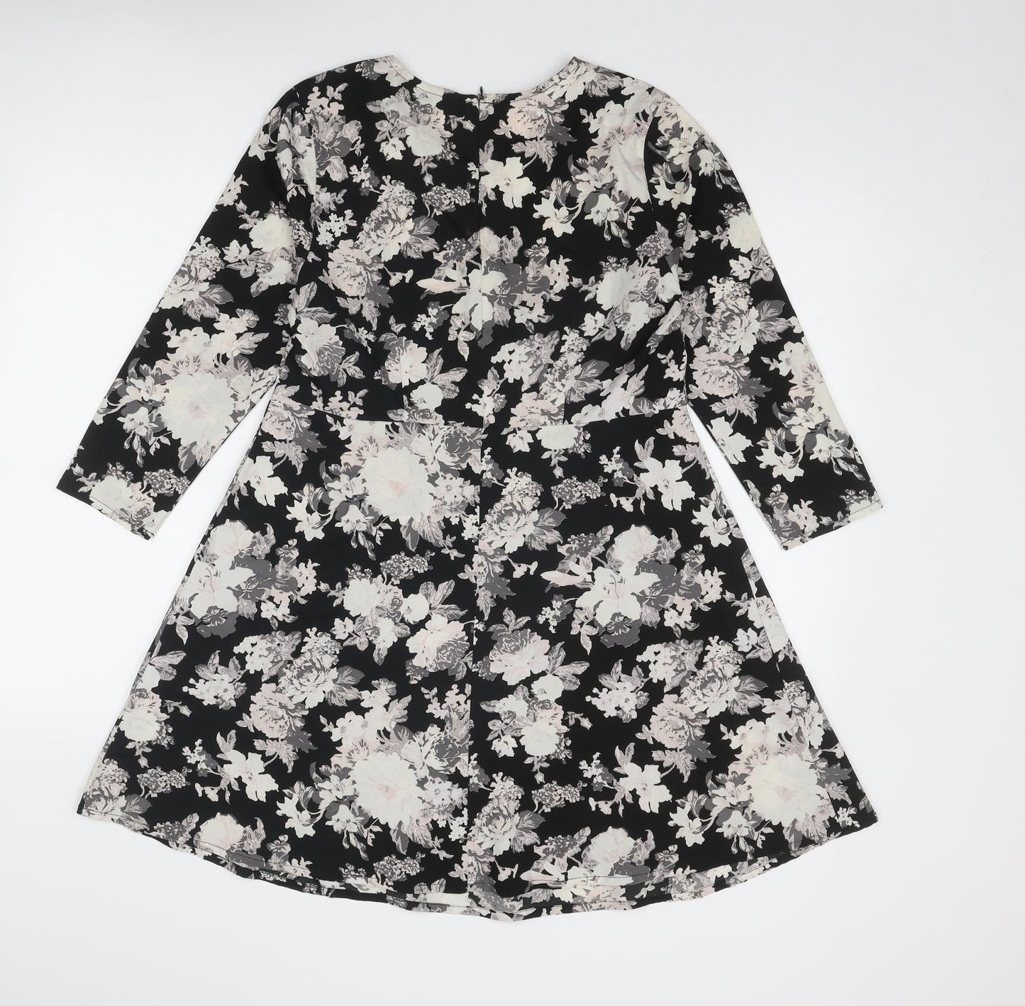 New Look Womens Black Floral Polyester Fit & Flare Size 10 Boat Neck Zip