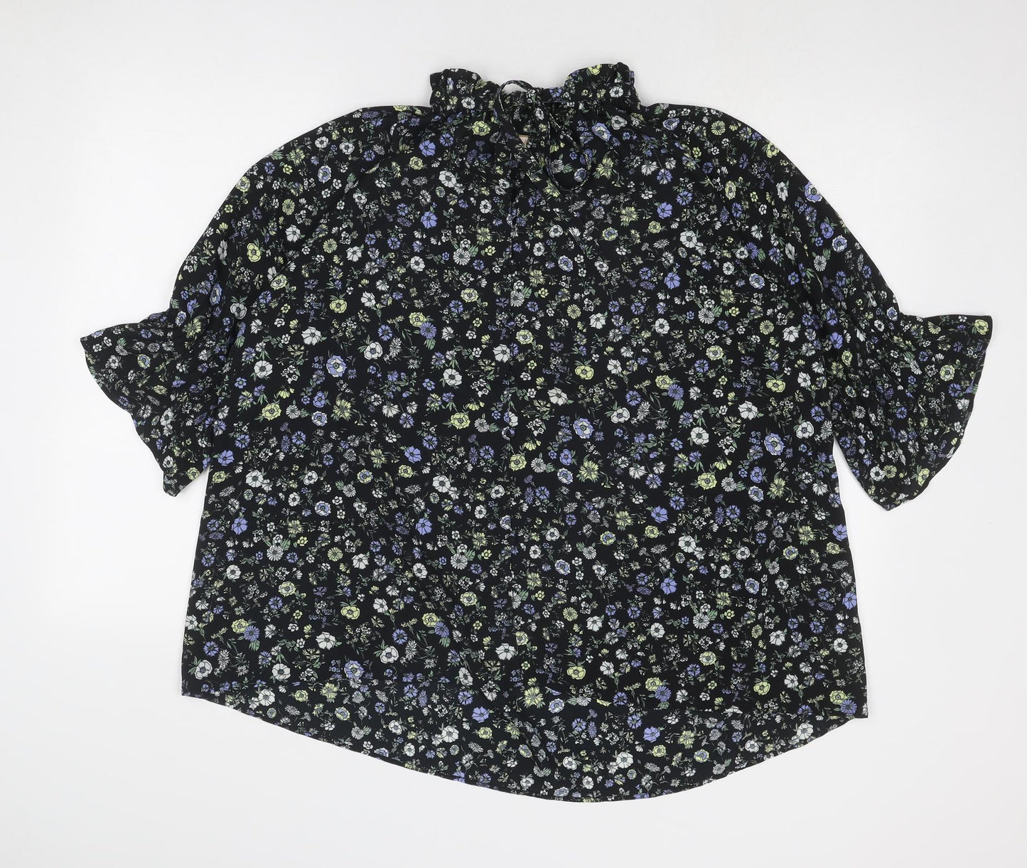 Uniqlo Womens Black Floral Polyester Basic Blouse Size L Mock Neck
