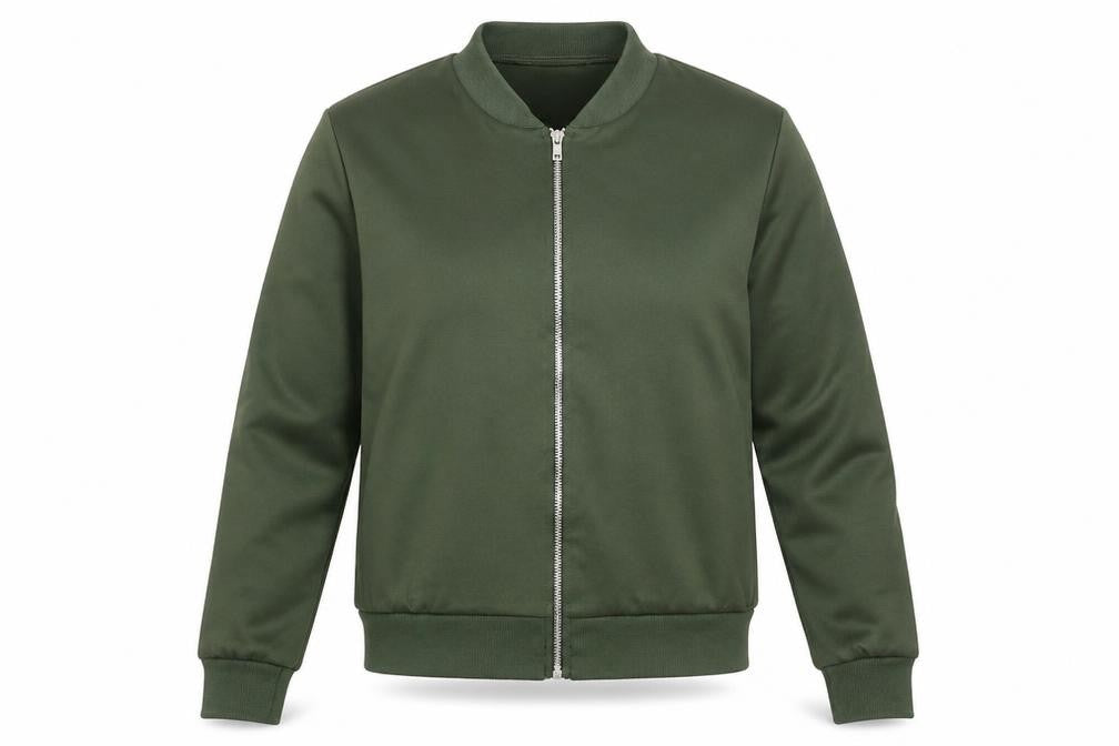 Front view of PRETTYLITTLETHING women’s green bomber jacket jacket, size S, zip -, size S-m