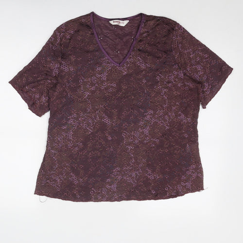 Bonmarché Womens Purple Geometric Nylon Basic Blouse Size L V-Neck - Net Detail