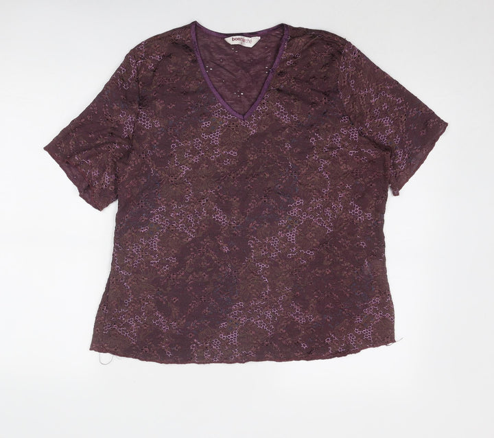 Bonmarché Womens Purple Geometric Nylon Basic Blouse Size L V-Neck - Net Detail