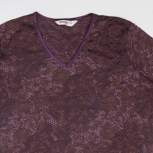 Bonmarché Womens Purple Geometric Nylon Basic Blouse Size L V-Neck - Net Detail