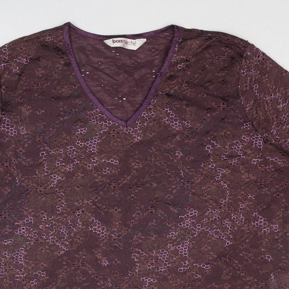 Bonmarché Womens Purple Geometric Nylon Basic Blouse Size L V-Neck - Net Detail