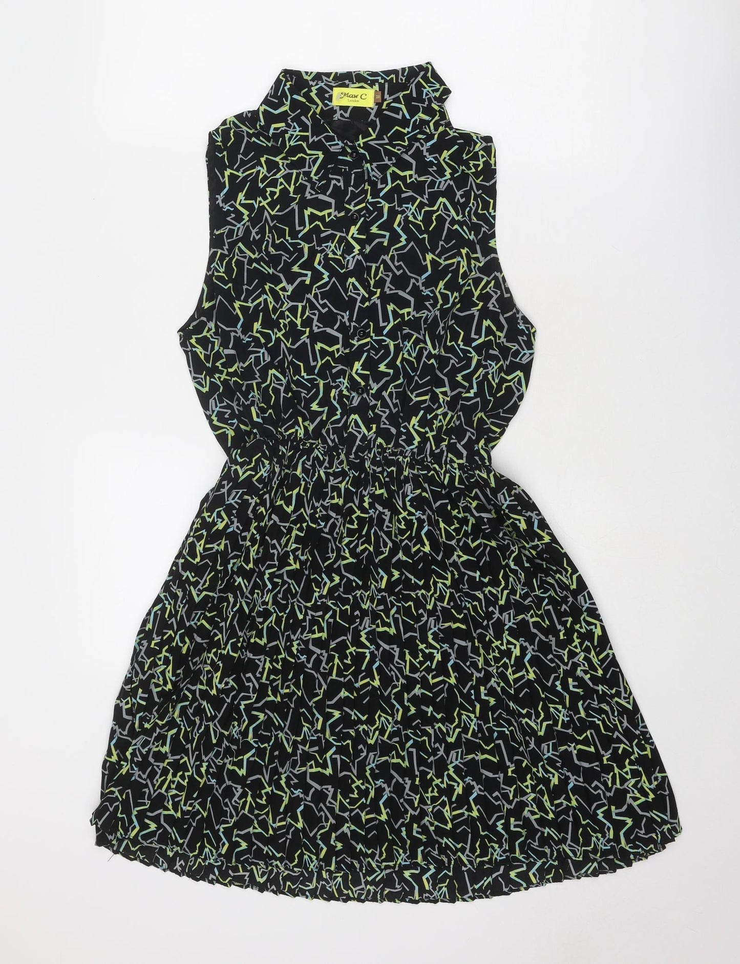 Max C Womens Black Geometric Polyester Shirt Dress Size M Collared Button