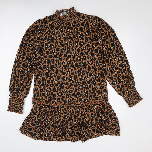 Miss Selfridge Womens Brown Animal Print Polyester A-Line Size 12 Mock Neck Pullover - Leopard Print