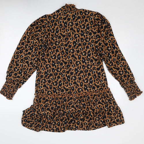 Miss Selfridge Womens Brown Animal Print Polyester A-Line Size 12 Mock Neck Pullover - Leopard Print
